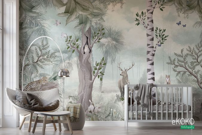 ilustracja dzikich zwierząt wśród różnorodnych drzew - fototapeta dla dzieci