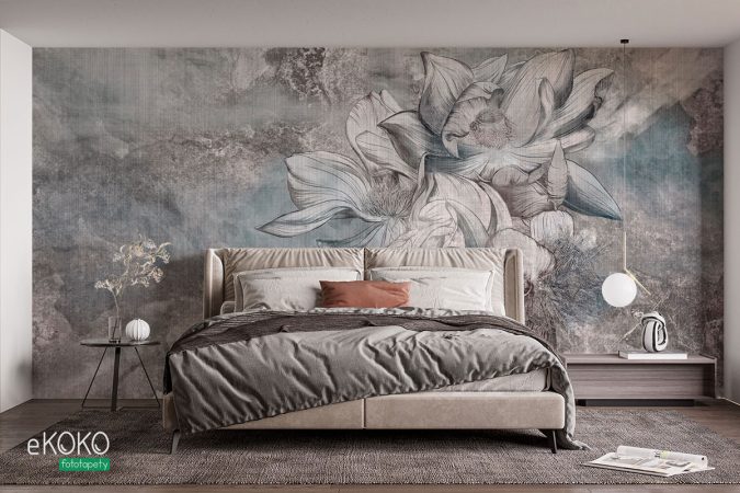 abstrakcyjna ilustracja kwiatów w szaro niebieskich odcieniach na wzburzonym tle - fototapeta