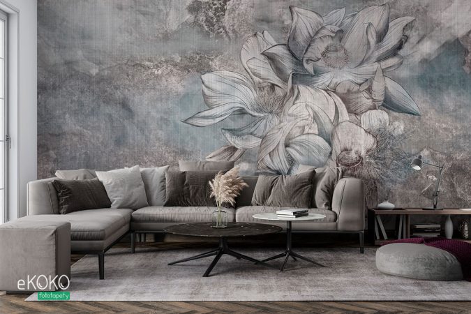 abstrakcyjna ilustracja kwiatów w szaro niebieskich odcieniach na wzburzonym tle - fototapeta