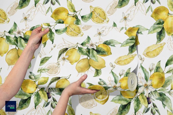 pattern świeże cytryny z zielonymi liśćmi i kwitnącymi kwiatami na białym tle - tapeta do każdego wnętrza