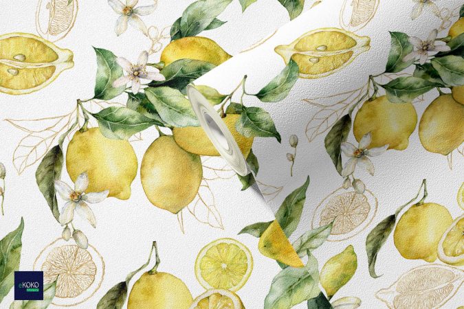pattern świeże cytryny z zielonymi liśćmi i kwitnącymi kwiatami na białym tle - tapeta do każdego wnętrza