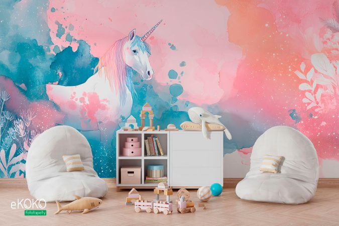 Tapeta do pokoju dziecięcego z pastelowym jednorożcem na różowo-turkusowym tle akwarelowym