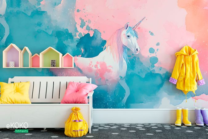 Tapeta do pokoju dziecięcego z pastelowym jednorożcem na różowo-turkusowym tle akwarelowym