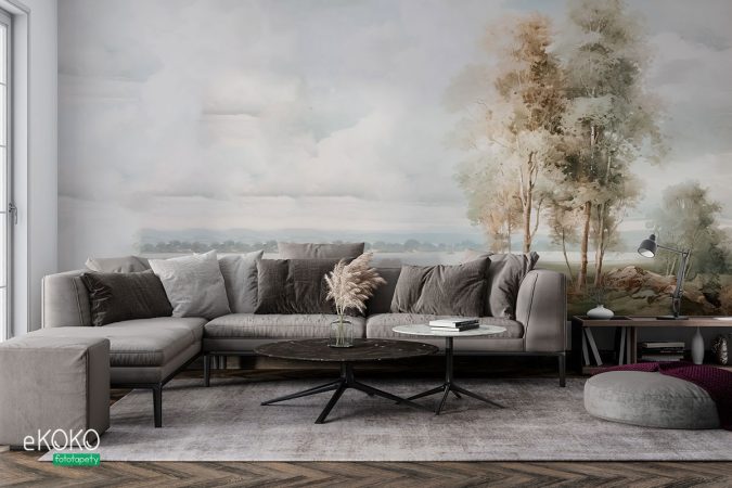 Akwarelowe drzewa, akwarelowy pejzaż, tapeta, mural