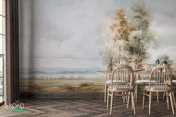 Akwarelowe drzewa, akwarelowy pejzaż, tapeta, mural