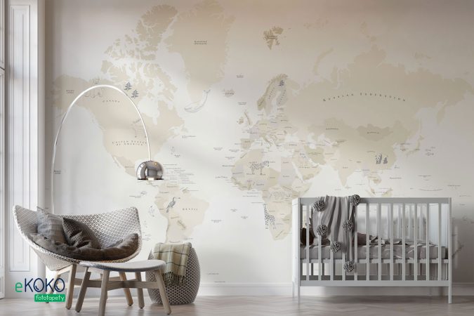 Kremowa mapa świata z nazwami Państwa i zwierzątkami, tapeta do pokoju dziecka