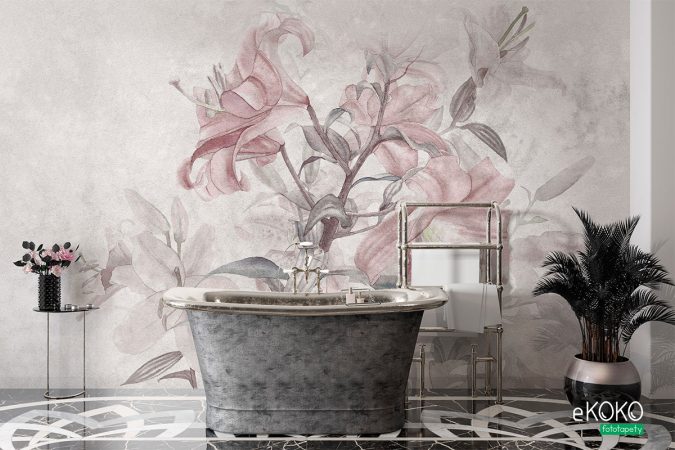 Kwiaty na betonowym tle, lilie, mural, tapeta