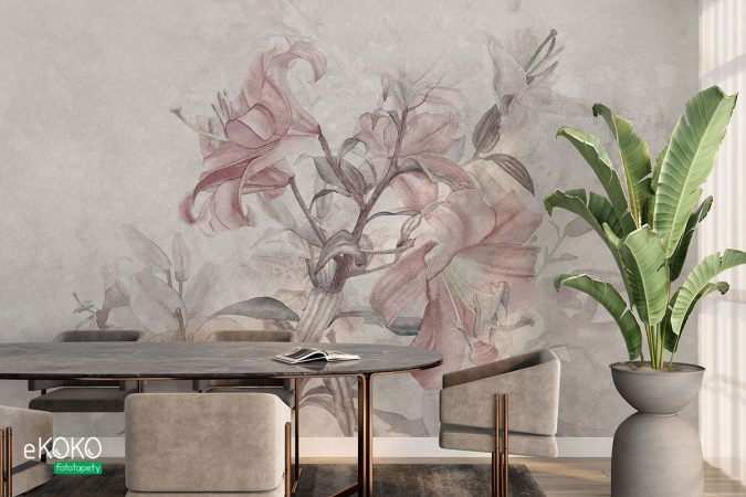 Kwiaty na betonowym tle, lilie, mural, tapeta