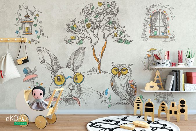 Tapeta, mural, fototapet do pokoju dziecięcego, królik, sowa, ślimak