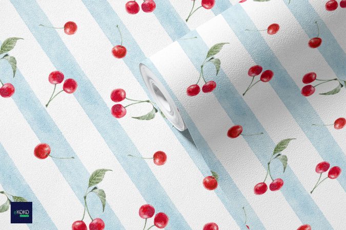 Piękny geometryczny wzór z akwarelowymi niebieskimi paskami i czerwonymi wiśniami