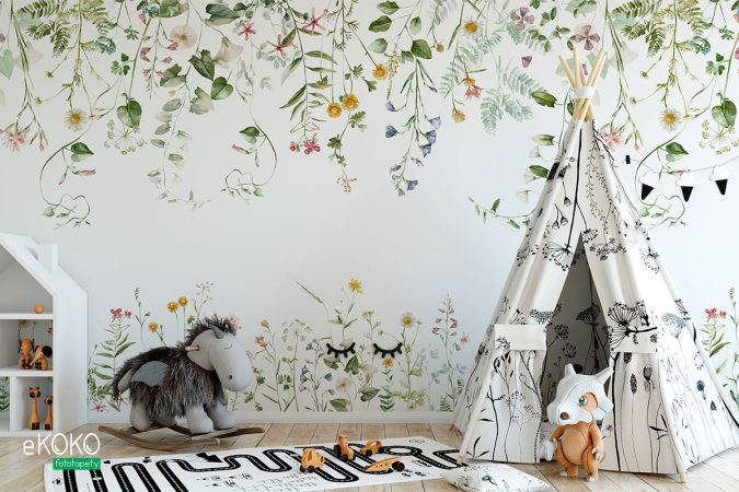 Zestaw akwarelowych kwiatów polnych w kolorze zielonym, tapeta