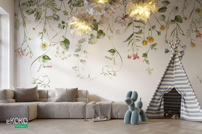 Zestaw akwarelowych kwiatów polnych w kolorze zielonym, tapeta