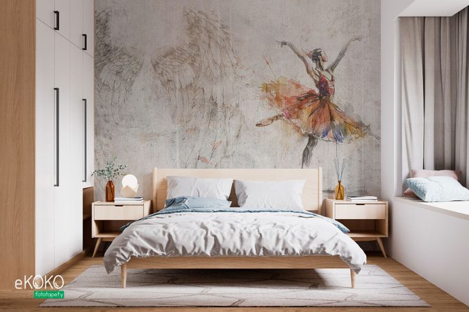 Balerina. Ściana ze skrzydłami w tle. Ilustracja na tapetę, plakat, dekorację.