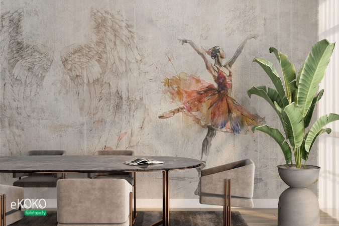 Balerina. Ściana ze skrzydłami w tle. Ilustracja na tapetę, plakat, dekorację.