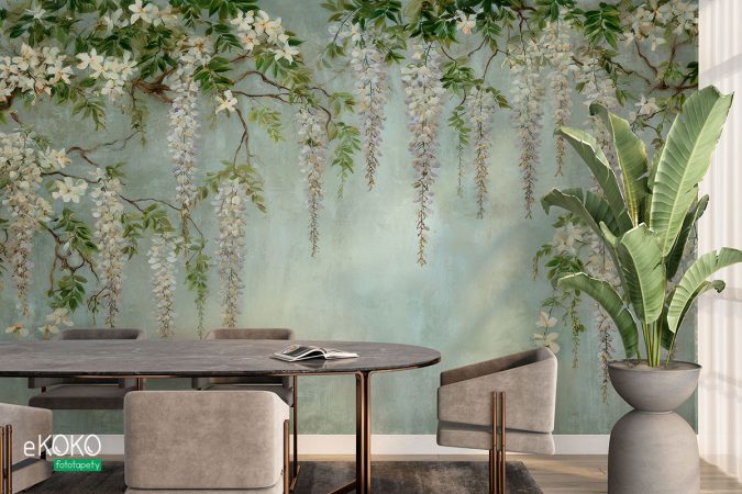Mural, zwisające kwiaty, tapeta w kwiaty z glicynii