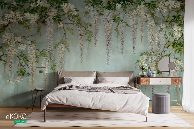 Mural, zwisające kwiaty, tapeta w kwiaty z glicynii