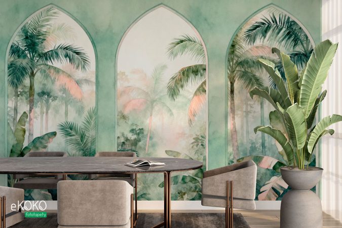 Żywa zieleń palm, liści bananowca i egzotycznych kwiatów hibiskusa, tapeta, mural