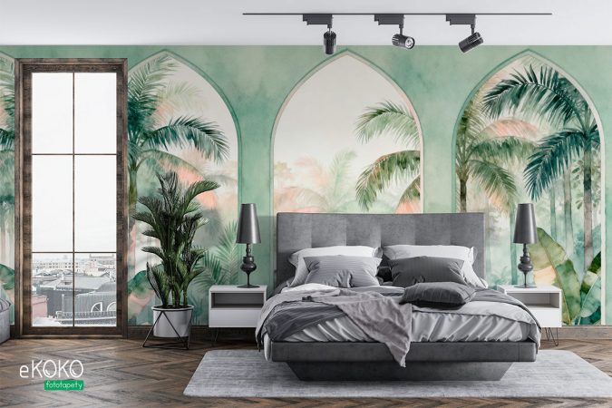 Żywa zieleń palm, liści bananowca i egzotycznych kwiatów hibiskusa, tapeta, mural