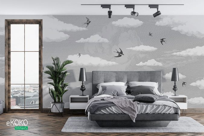 Tapeta, mural w stylu vintage, chmury, jaskółki.