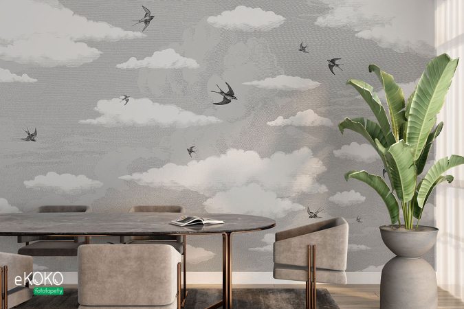Tapeta, mural w stylu vintage, chmury, jaskółki.
