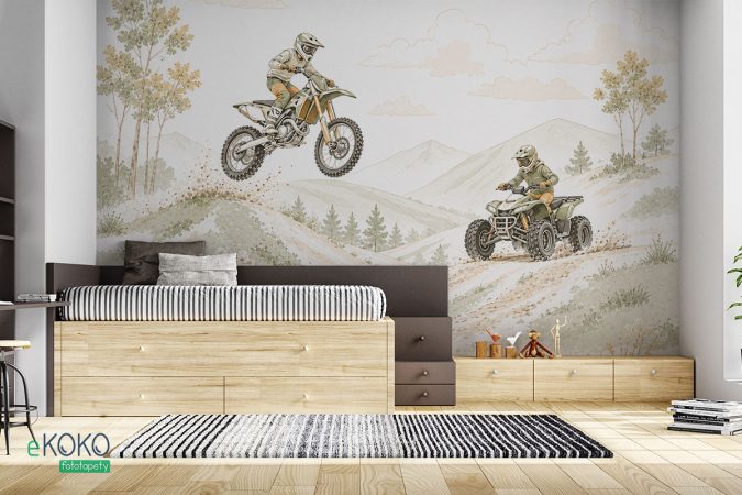 rysunek motocykl crossowy i quad przemierzające pagórkowate, leśne tereny - fototapeta dla dzieci